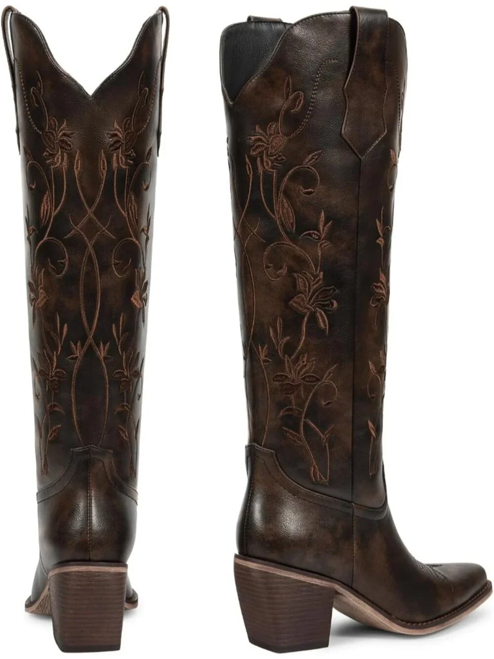 Women's Vintage Brown Cowboy Knee High Cowgirl Boots Pointed Toe Chunky Heels